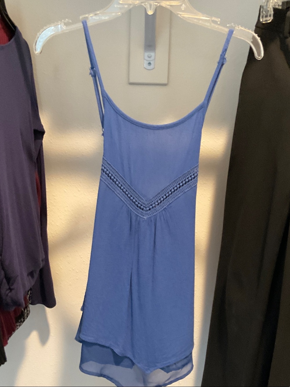 Blue Spaghetti Strap Crochet-Trim Mini Dress